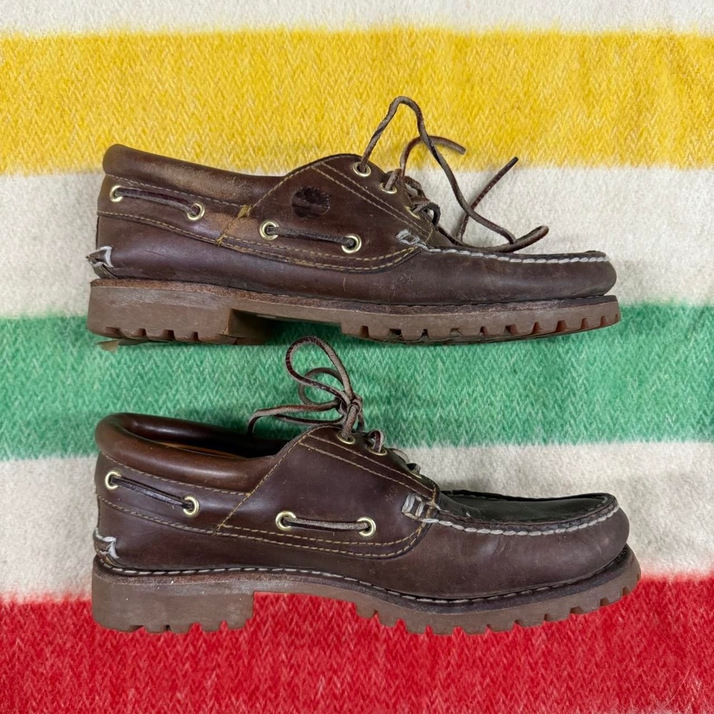 Timberland 3 Eye Lug Mens 8.5 Dark Brown Leather Boat Shoes Handsewn Classic